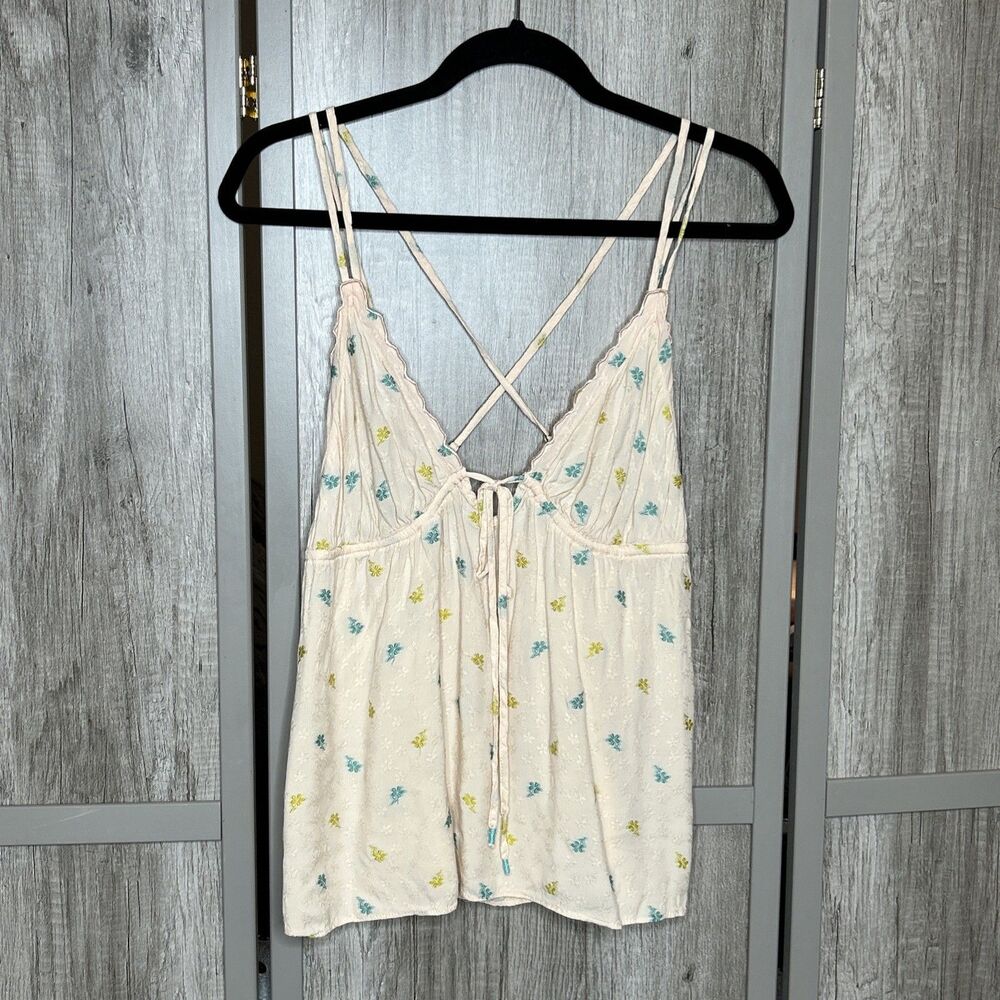 Anthropologie Cream Floral Spaghetti-Strap Tank Top